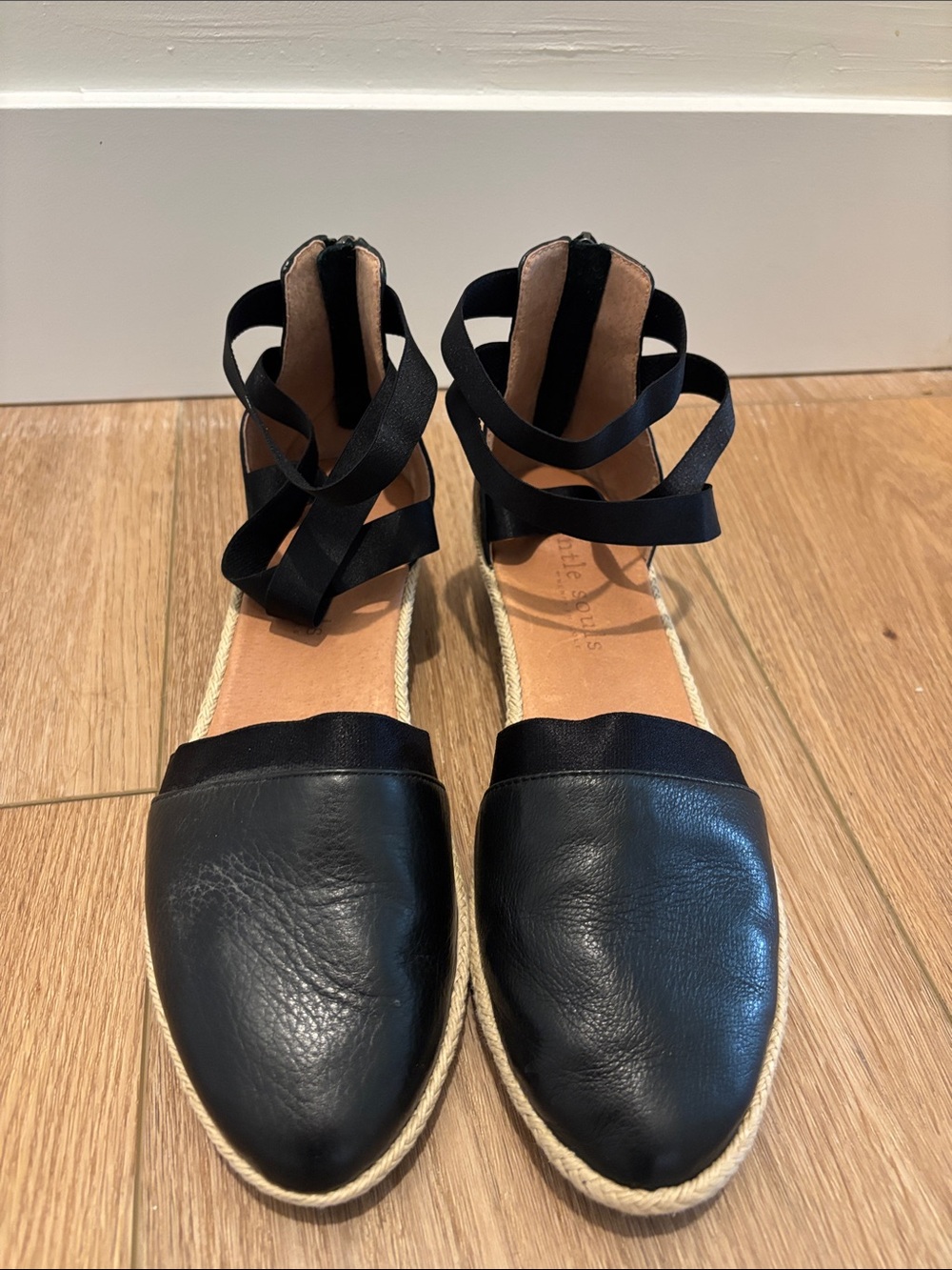 gentle souls Black Leather Espadrille Ankle-Wrap Flats